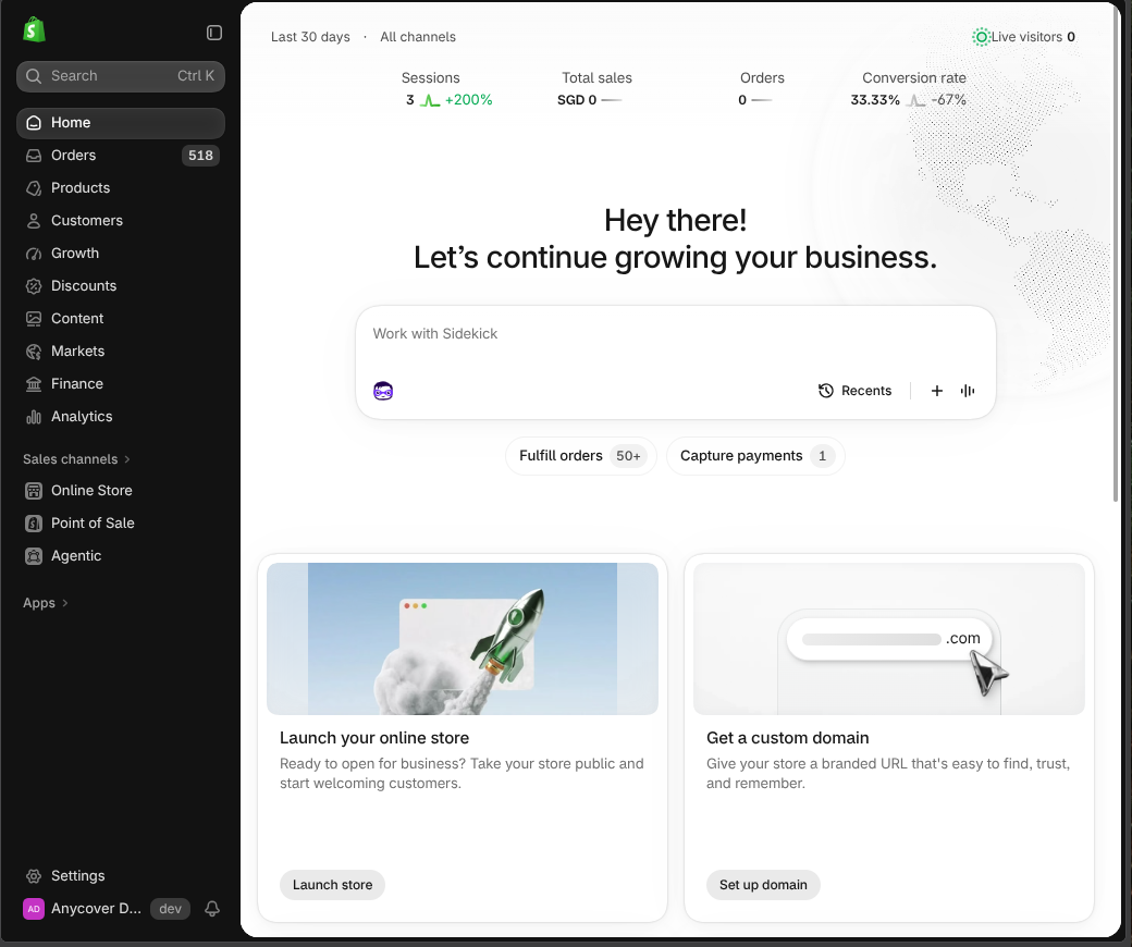 Shopify admin home