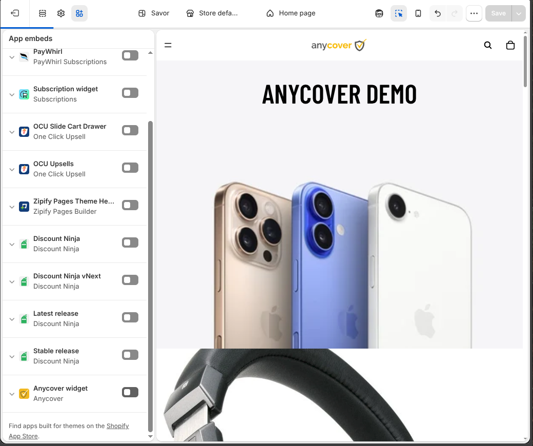 Anycover widget app embed switched off