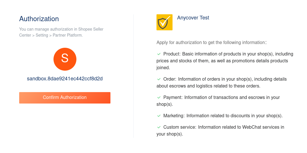 Shopee authorization page