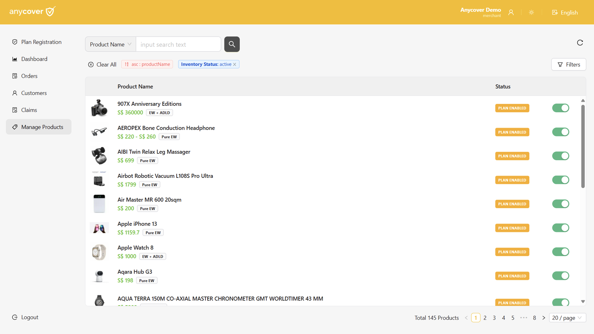 Anycover merchant dashboard